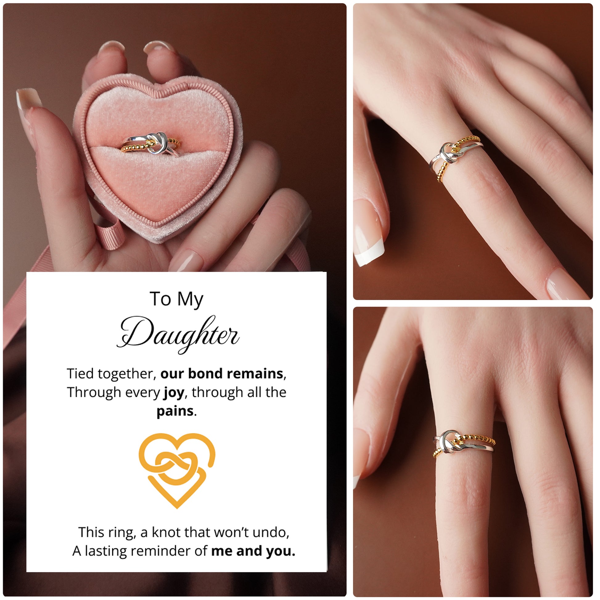 To My Daughter - Unbreakable Bond Knot Ring in Gold and Silver